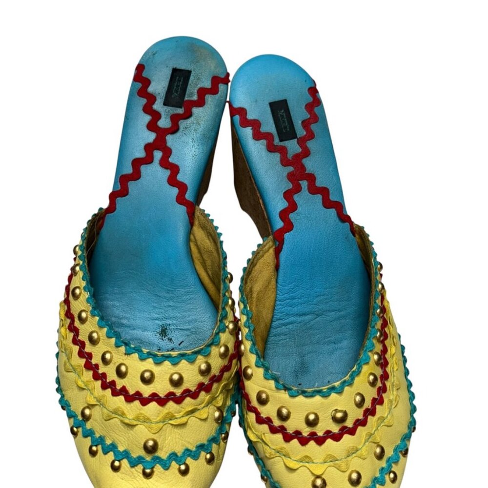 Vintage Yellow and Blue Mules with Cork Heel - Picture 2 of 6
